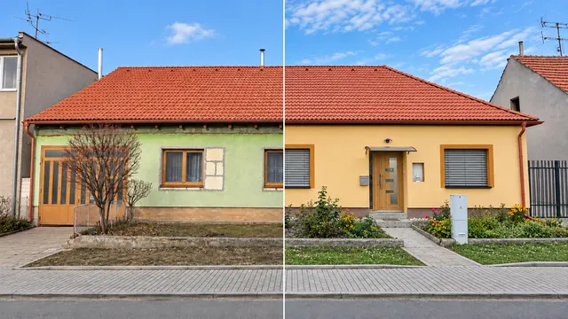 Rodinný dům v Březí před rekonstrukcí (vlevo) a po rekonstrukci (vpravo).