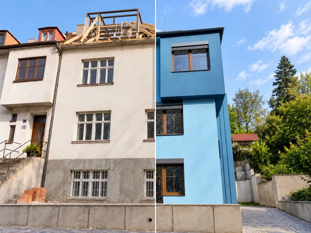 Dům v Brně před rekonstrukcí vlevo a po rekonstrukci vpravo.