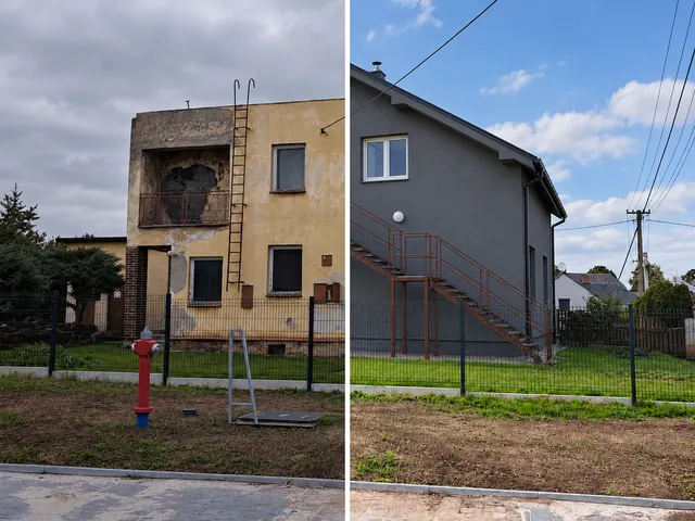 Dům v Holasovicích před rekonstrukcí vlevo a po rekonstrukci vpravo.