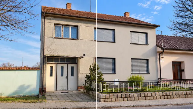 Rodinný dům v Hustopečích před rekonstrukcí vlevo a po rekonstrukci vpravo.
