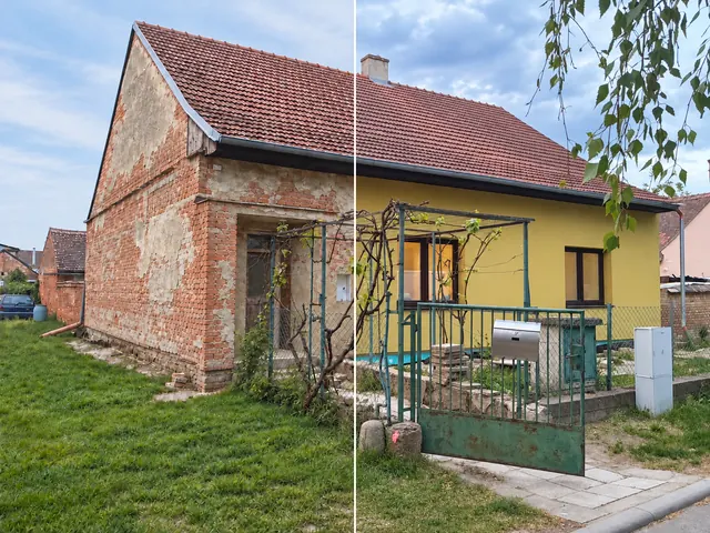 Rodinný dům v Jaroslavicích před rekonstrukcí vlevo a po rekonstrukci vpravo.