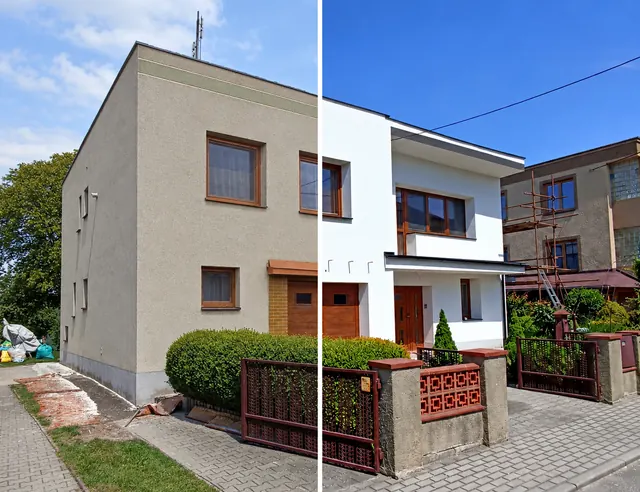 Rodinný dům v Kobeřicích před rekonstrukcí vlevo a po rekonstrukci vpravo.