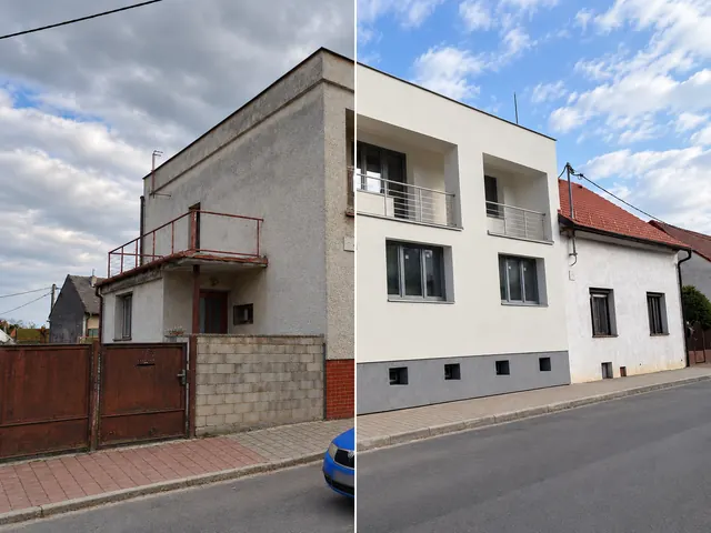 Rodinný dům v Kvasicích před rekonstrukcí vlevo a po rekonstrukci vpravo.