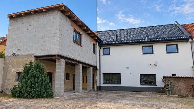 Rodinný dům v Lutopecnech před rekonstrukcí vlevo a po rekonstrukci vpravo.