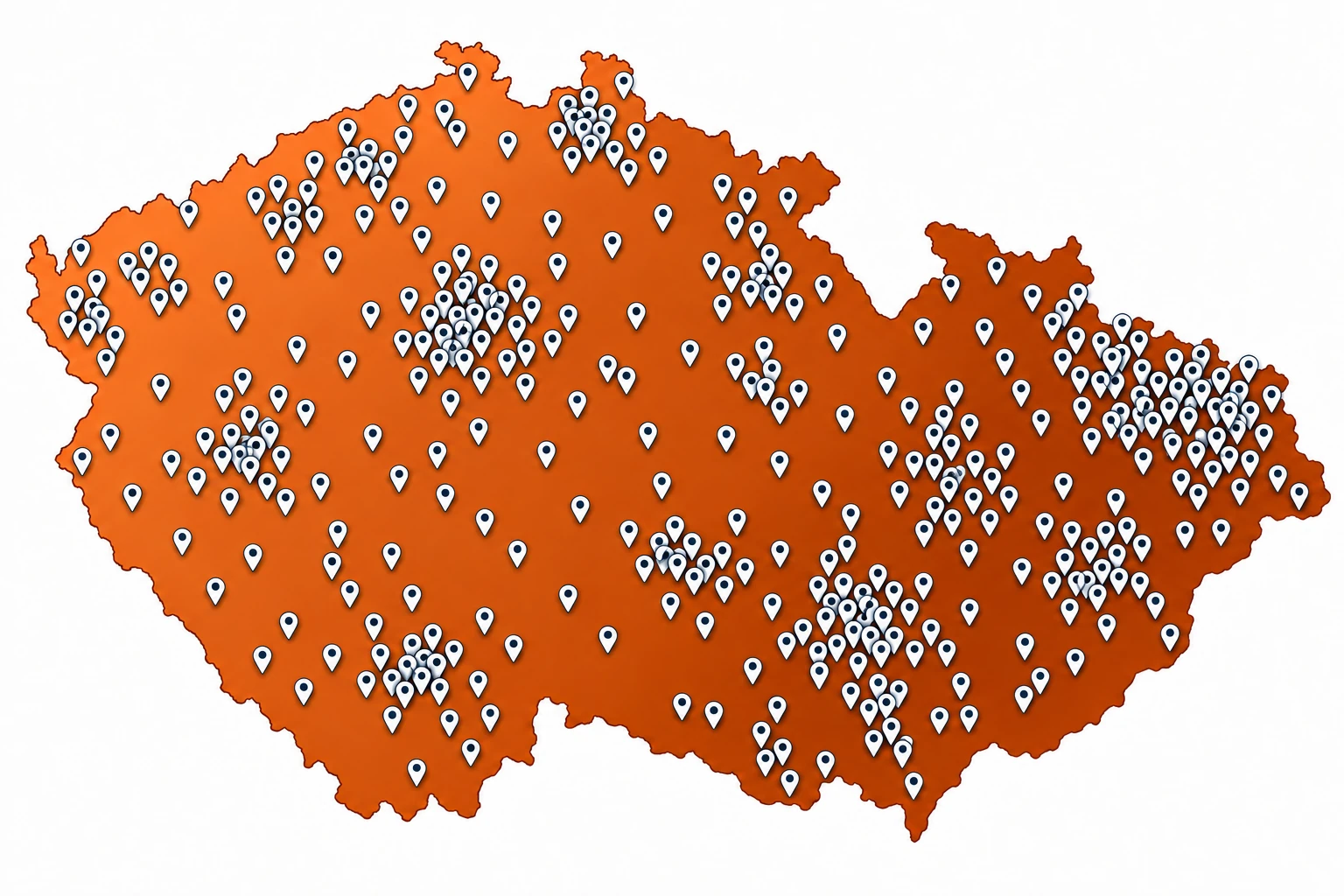 Ilustrační mapa České republiky s vyznačenými oblastmi realizací REKOstep.