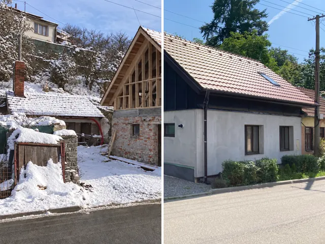 Rodinný dům v Olšanech před rekonstrukcí vlevo a po rekonstrukci vpravo.