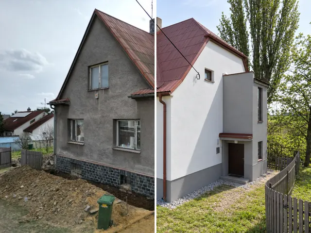 Rodinný dům v Ostravě před rekonstrukcí vlevo a po rekonstrukci vpravo.