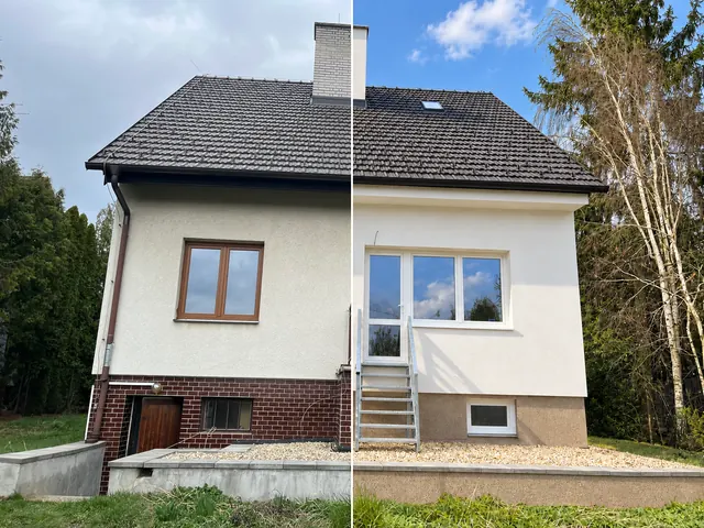 Rodinný dům ve Vyškově-Nosálovicích před rekonstrukcí vlevo a po rekonstrukci vpravo.
