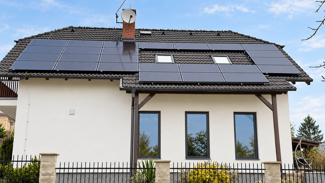 Fotovoltaické panely na střeše rodinného domu s bílou fasádou; fotografie upravená pomocí AI.